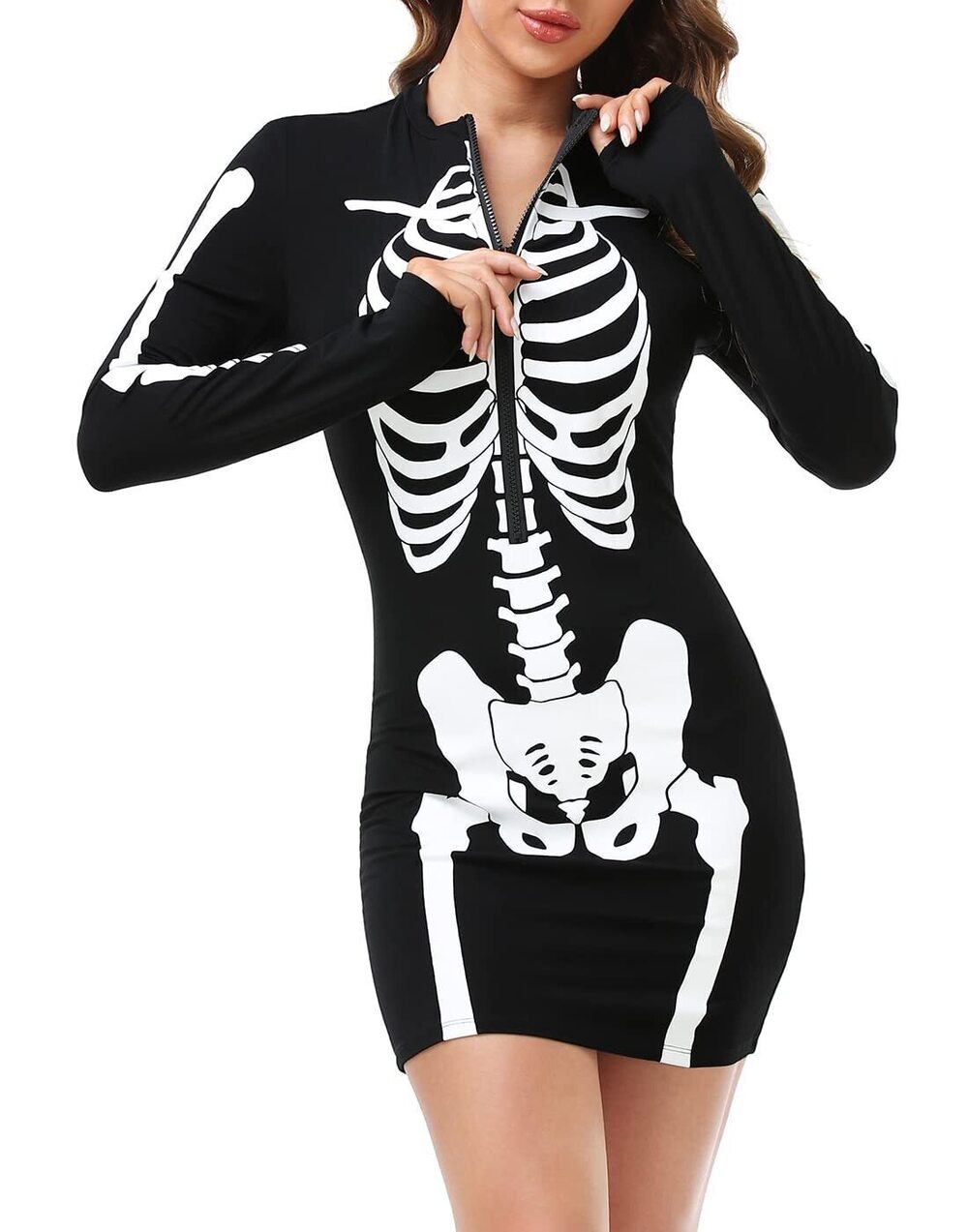 3338 Skeleton Dress Spooky Long Sleeve Bones Mini Dress Halloween Party